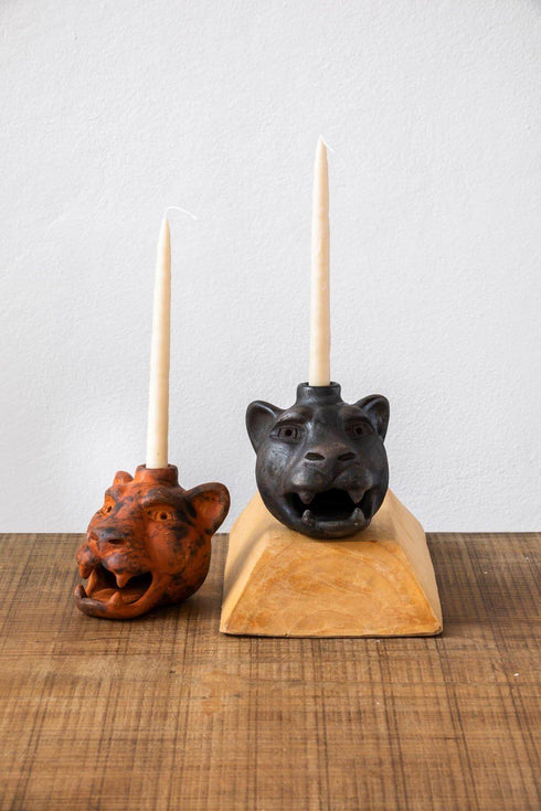 Jaguar Head Clay Candle Holder | Smoked Brick